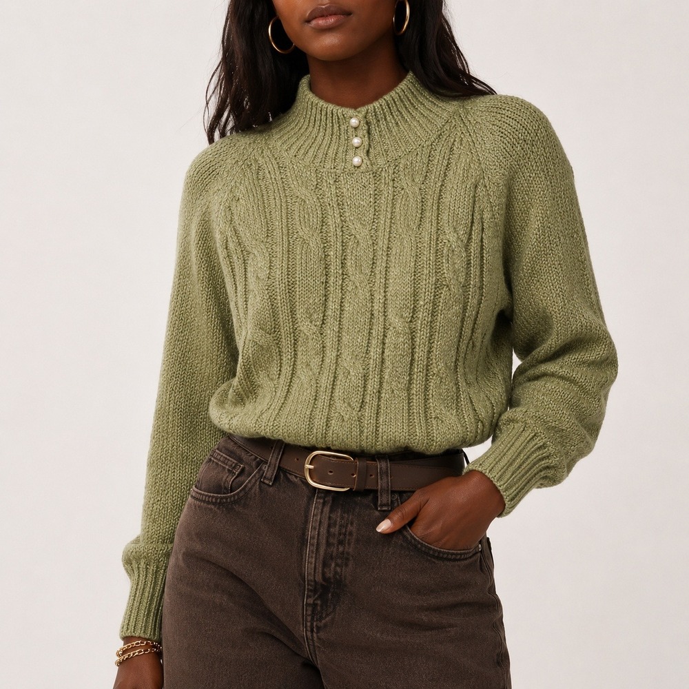 Vintage Sage Green Cropped Sweater Womens M Cable Knit Pearl Button Cottagecore